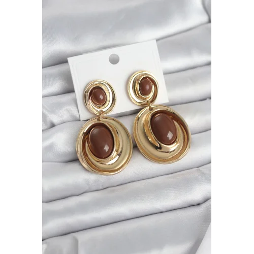 Mey İthalat® Kahverengi Sallantılı Damla Model Gold Renk Vintage Kadın Küpe