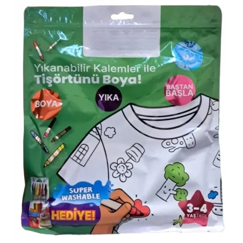 Mey İthalat® Kalem Hediyeli Boyanabilir Tişört 3-4 Yaş