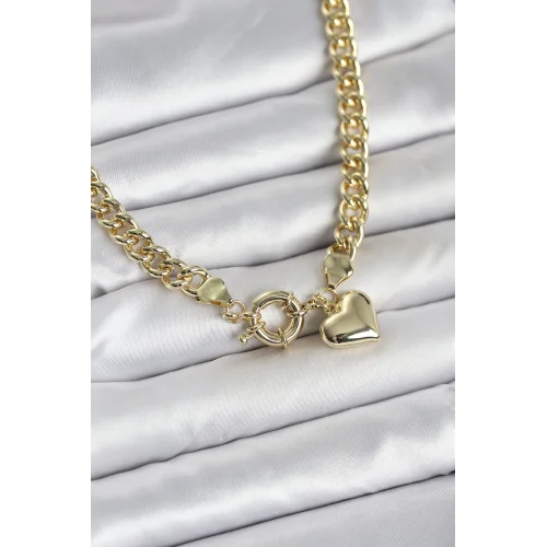 Mey İthalat® Kalp Detaylı Gold Renk Pirinç Kadın Kolye