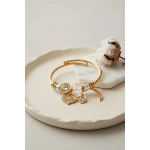 Mey İthalat® Kalp Model Gold Renk Beyaz Charmlı Bileklik