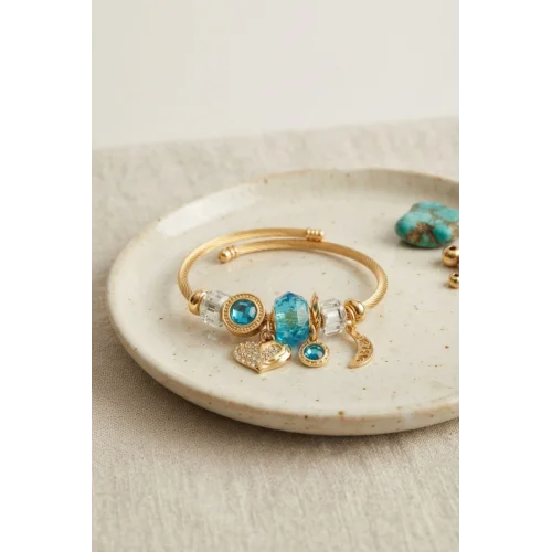 Mey İthalat® Kalp Model Gold Renk Mavi Charmlı Bileklik
