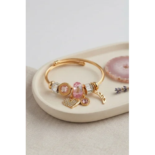 Mey İthalat® Kalp Model Gold Renk Pembe Charmlı Bileklik