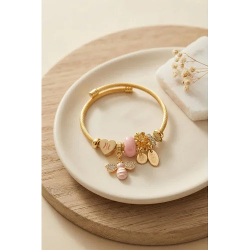 Mey İthalat® Kalp ve Arı Model Pembe Charmlı Bileklik