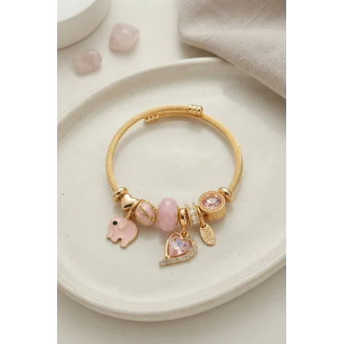 Mey İthalat® Kalp ve Fil Model Pembe Charmlı Bileklik