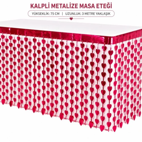 Mey İthalat® Kalpli Metalize Masa Eteği Kırmızı 75x300 cm