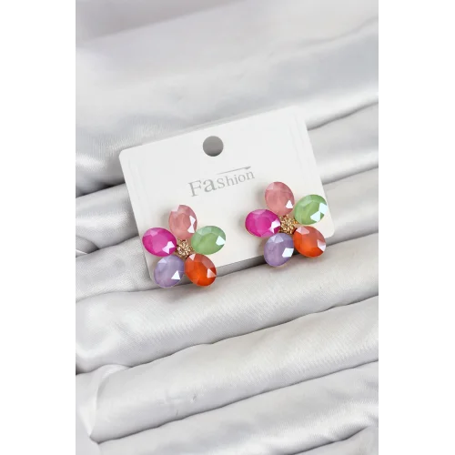 Mey İthalat® Karışık Renk Kristal Taşlı Çiçek Model Kadın Küpe