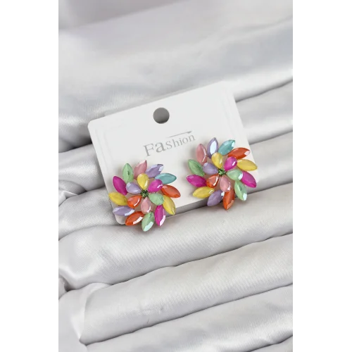 Mey İthalat® Karışık Renk Kristal Taşlı Çiçek Model Kadın Küpe
