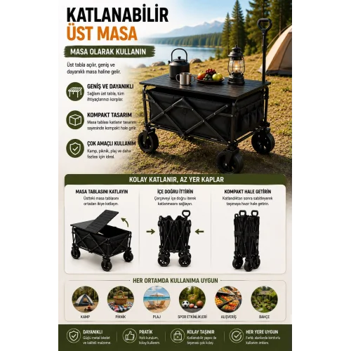 Mey İthalat® Katlanabilir Kamp Arabası Üst Tablalı 130 Kg Taşıma Kapasiteli Geniş Tekerlekli Çekçek