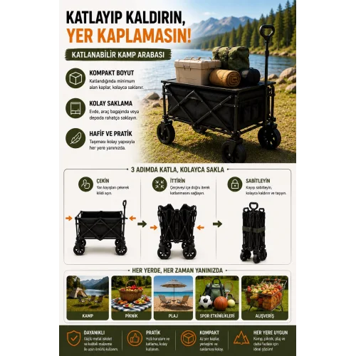 Mey İthalat® Katlanır Kamp Arabası 130 Kg Kapasiteli Üst Tablalı Kalın Tekerlekli Çok Amaçlı Taşıma Arabası