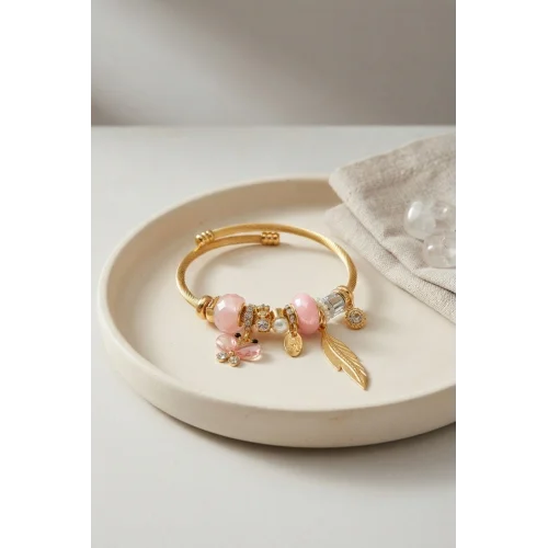 Mey İthalat® Kelebek Model Gold Renk Pembe Charmlı Bileklik
