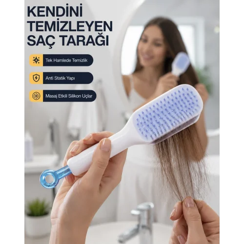 Mey İthalat® Kendini Temizleyen Ergonomik Saç Tarağı – ABS Gövde, Silikon Diş