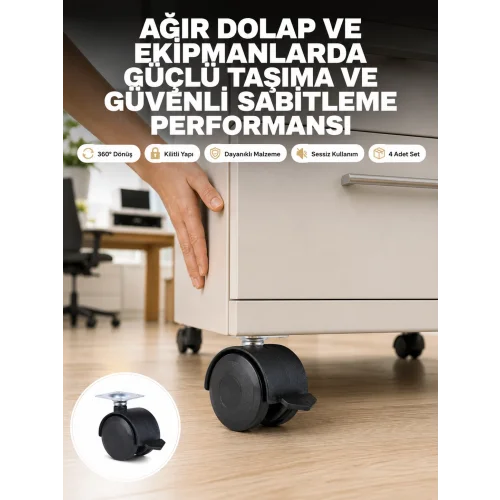 Mey İthalat® Kilitli Mobilya Tekerleği 6 cm 4’lü Kolay Kurulum