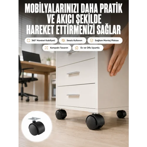 Mey İthalat® Kilitsiz 4 cm Tekerlek Ayak 4’lü Set Sessiz ve Dayanıklı