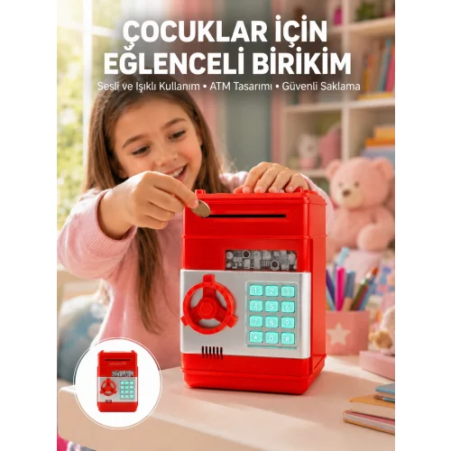 Mey İthalat® Kırmızı ATM Kasa Tipi Para Biriktirme Kumbarası