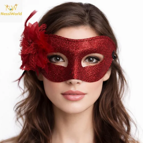 Mey İthalat® Kırmızı Simli Tüylü Balo Maskesi – Kadın Parti & Maskeli Balo Maskesi
