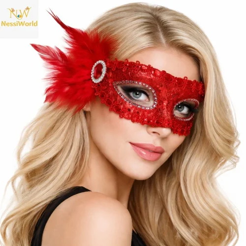 Mey İthalat® Kırmızı Taşlı Venedik Parti Maskesi – Tüylü Payetli