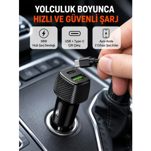 Mey İthalat® Kompakt Tasarımlı Type-C + USB Girişli Araç Şarj Başlığı