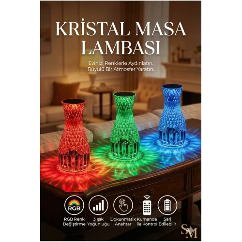 Mey İthalat® Kristal Masa ası Rgb Renk Değiştiren Gece ası 16 Renk Ve 4 Mod Dokunmatik Kontrol