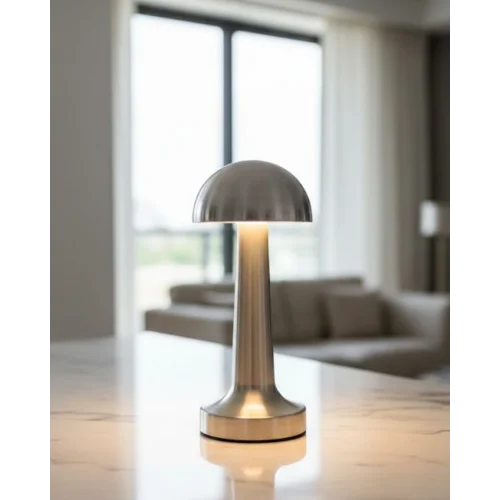 Mey İthalat® Krom Mantar Masa Lambası Dokunmatik 3 Renk LED Şarjlı Taşınabilir Gece Lambası