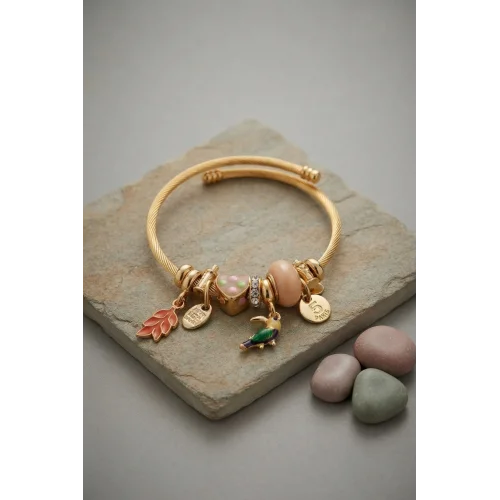 Mey İthalat® Kuş Figürlü Charmlı Gold Renk Bileklik