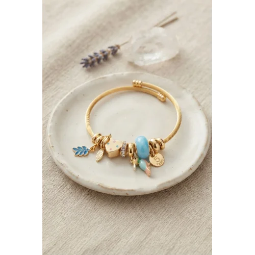 Mey İthalat® Kuş Figürlü Mavi Charmlı Gold Renk Bileklik