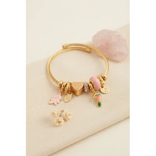 Mey İthalat® Kuş Figürlü Pembe Charmlı Gold Renk Bileklik