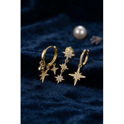 Mey İthalat® Kutup Yıldızı Model Gold Renk 3 lü Küpe Set