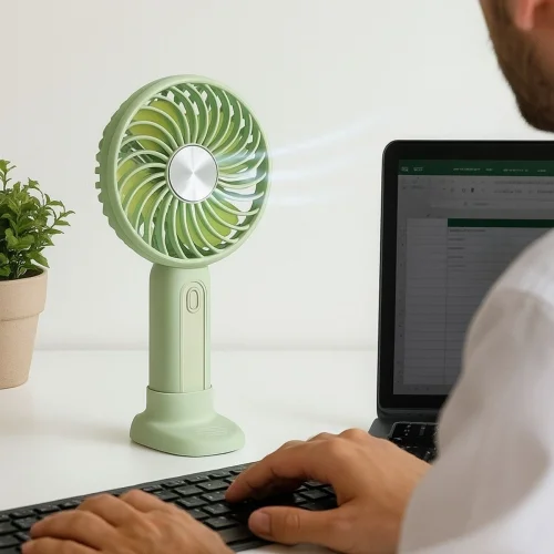 Mey İthalat® Masa Üstü Standlı USB ile Şarj Olabilen 3 Ayarlı Fan Modlu Çanta Tipi El Fanı