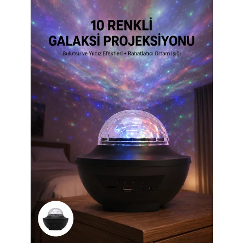 Mey İthalat® Masa ve Gece Lambası Renkli Projektör Işıklı Disko Topu Bluetooth Hoparlör