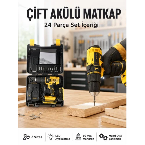 Mey İthalat® Matkap Seti 24 Parça Çift Bataryalı Darbeli Led Işıklı Vidalama Yeni Nesil