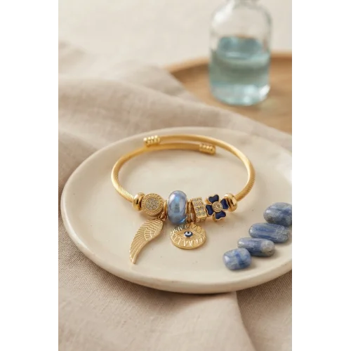 Mey İthalat® Mavi Göz Model Gold Renk Charmlı Bileklik