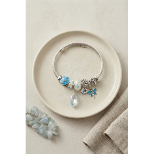 Mey İthalat® Mavi Kristal Charmlı Gümüş Renk Bileklik