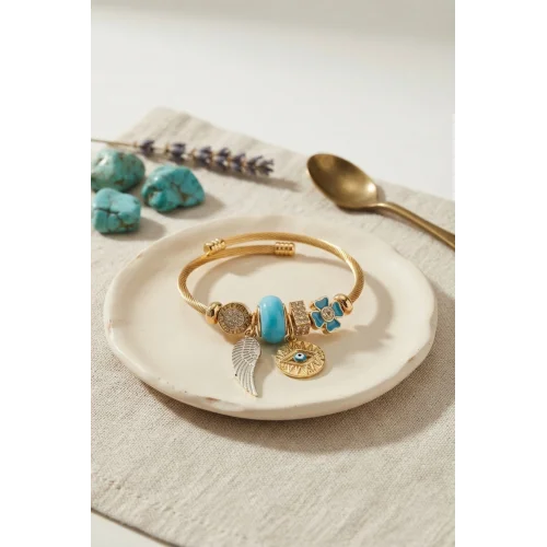 Mey İthalat® Mavi Renk Göz Model Gold Charmlı Bileklik