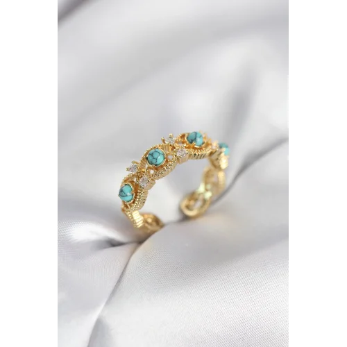 Mey İthalat® Mavi Taşlı Gold Renk Vintage Kadın Yüzük