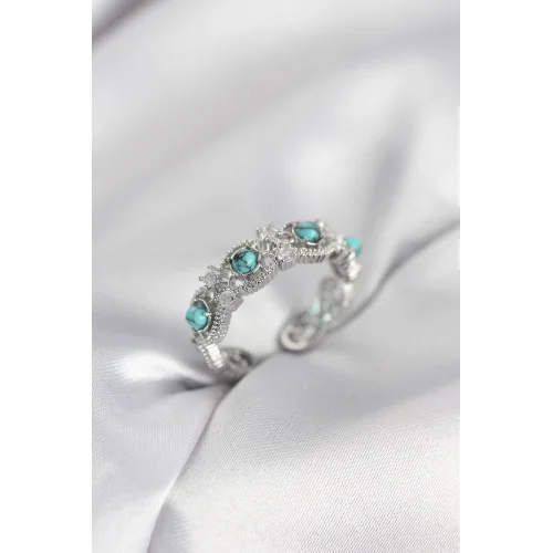 Mey İthalat® Mavi Taşlı Gümüş Renk Vintage Kadın Yüzük