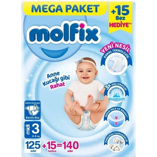 Mey İthalat® Mega Paket Bebek Bezi 3 Beden 4-9 Kg 140 Adet