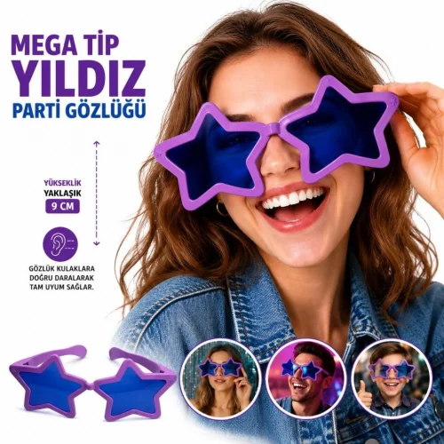 Mey İthalat® Mega Tip Yıldız Parti Gözlüğü Mor Renk