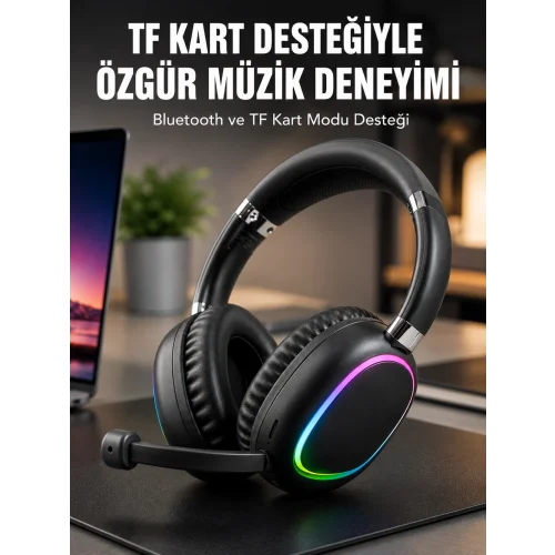 Mey İthalat® Mikrofonlu Bluetooth Kulak Üstü Kulaklık RGB Aydınlatmalı Type-C Şarjlı