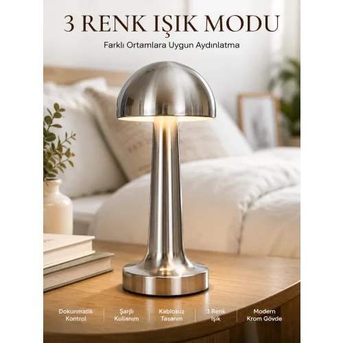 Mey İthalat® Modern Mantar Masa Lambası Dokunmatik 3 Işık Modlu Şarjlı Kablosuz LED Yeni Nesil