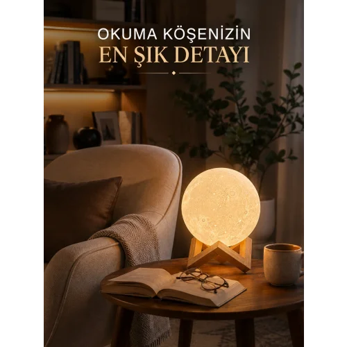 Mey İthalat® Modern Tasarımlı 3D Ay Lambası Yatak Odası ve Salon Dekoru