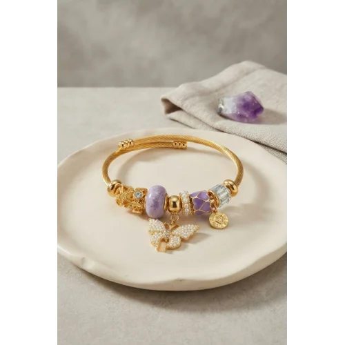 Mey İthalat® Mor Kelebek Model Gold Renk Charmlı Bileklik