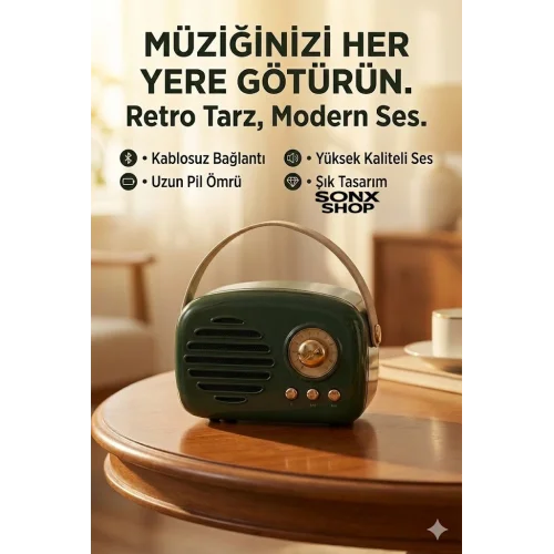 Mey İthalat® Nostaljik Retro Bluetooth - FM Radyo, USB ve Bluetooth Kablosuz Hoparlör