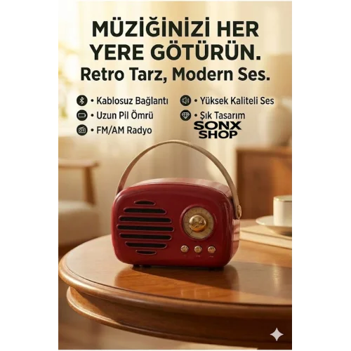 Mey İthalat® Nostaljik Retro Bluetooth Hoparlör - FM Radyo, USB ve Bluetooth Kablosuz Hoparlör