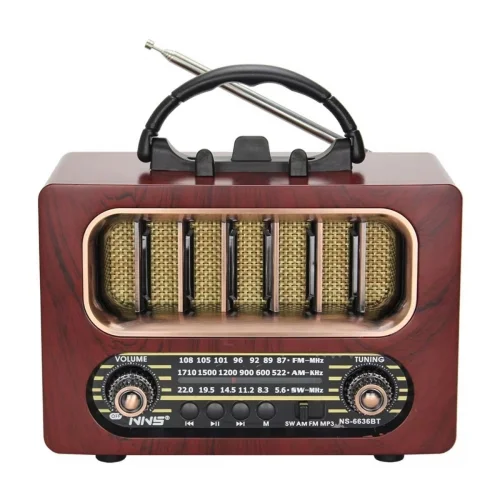 Mey İthalat® Orta Boy Retro Ahşap Tasarım Bluetooth Hoparlörlü Radyo – FM/AM Destekli, Şarjlı ve Taşınabiliri Radyo NS-6636