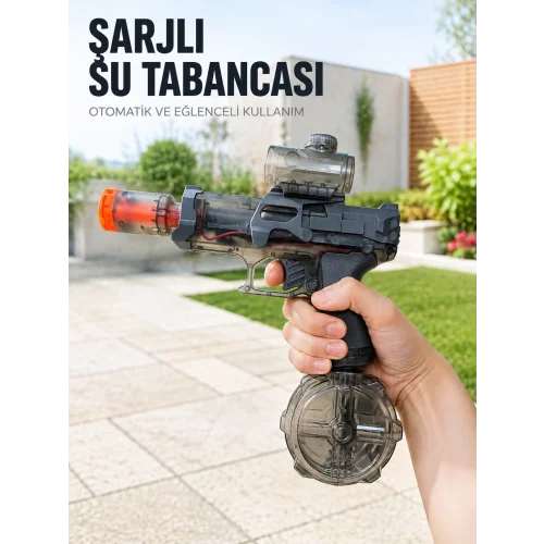 Mey İthalat® Otomatik Su Tabancası Şarjlı LED Işıklı Basınçlı Su Püskürtmeli Oyuncak