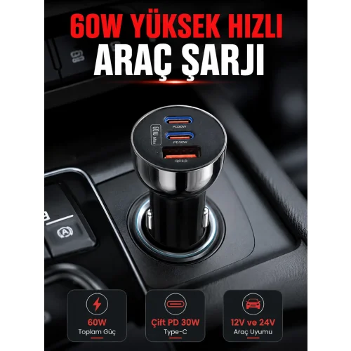 Mey İthalat® PD 30W Çift USB-C Araç Şarj Cihazı 60W Hızlı Şarj Adaptörü
