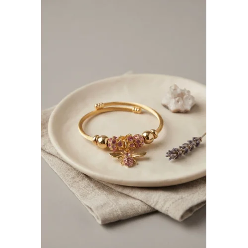 Mey İthalat® Pembe Arı Model Gold Renk Charm Bileklik