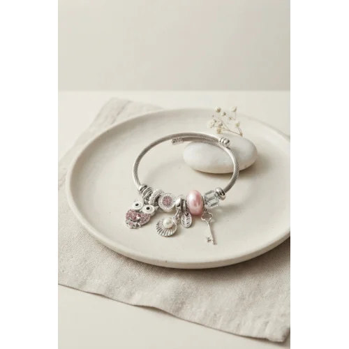 Mey İthalat® Pembe Baykuş Charmlı Gümüş Renk Bileklik