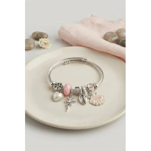 Mey İthalat® Pembe Deniz Kabuğu Kalp ve Tinker Bell Charmlı Bileklik