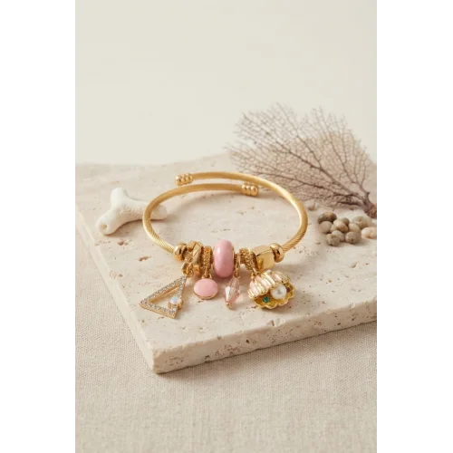 Mey İthalat® Pembe Deniz Kabuğu Model Gold Renk Charmlı Bileklik